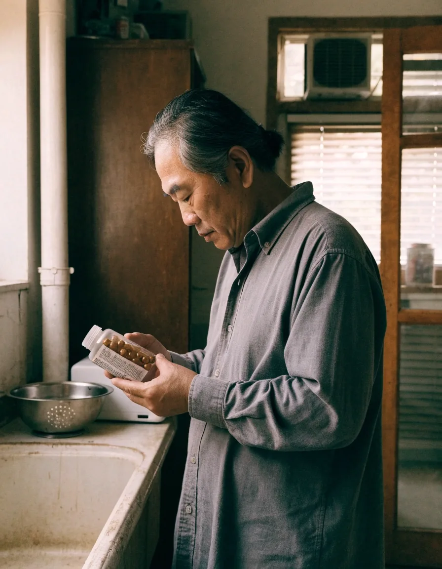 Man in his forties reading the side panel of an unbranded supplement bottle in a kitchen