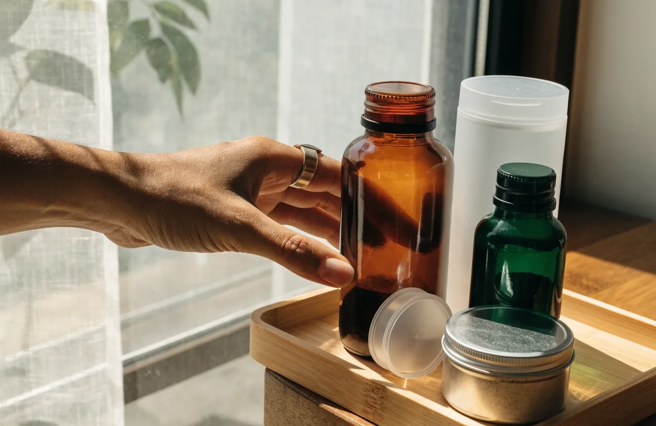 Unbranded supplement bottles of different formats lined up along a sunlit window sill