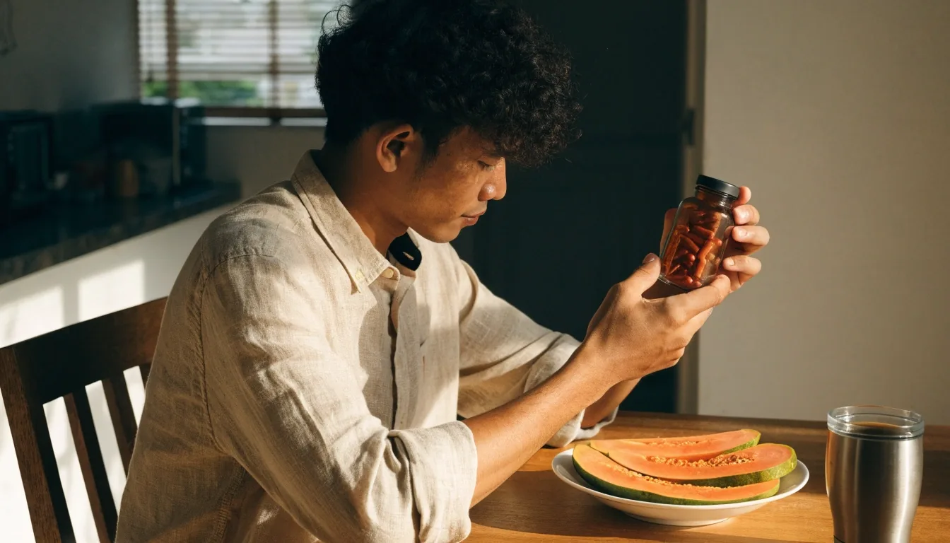 Two men's supplement bottles side by side on a sunlit counter at home