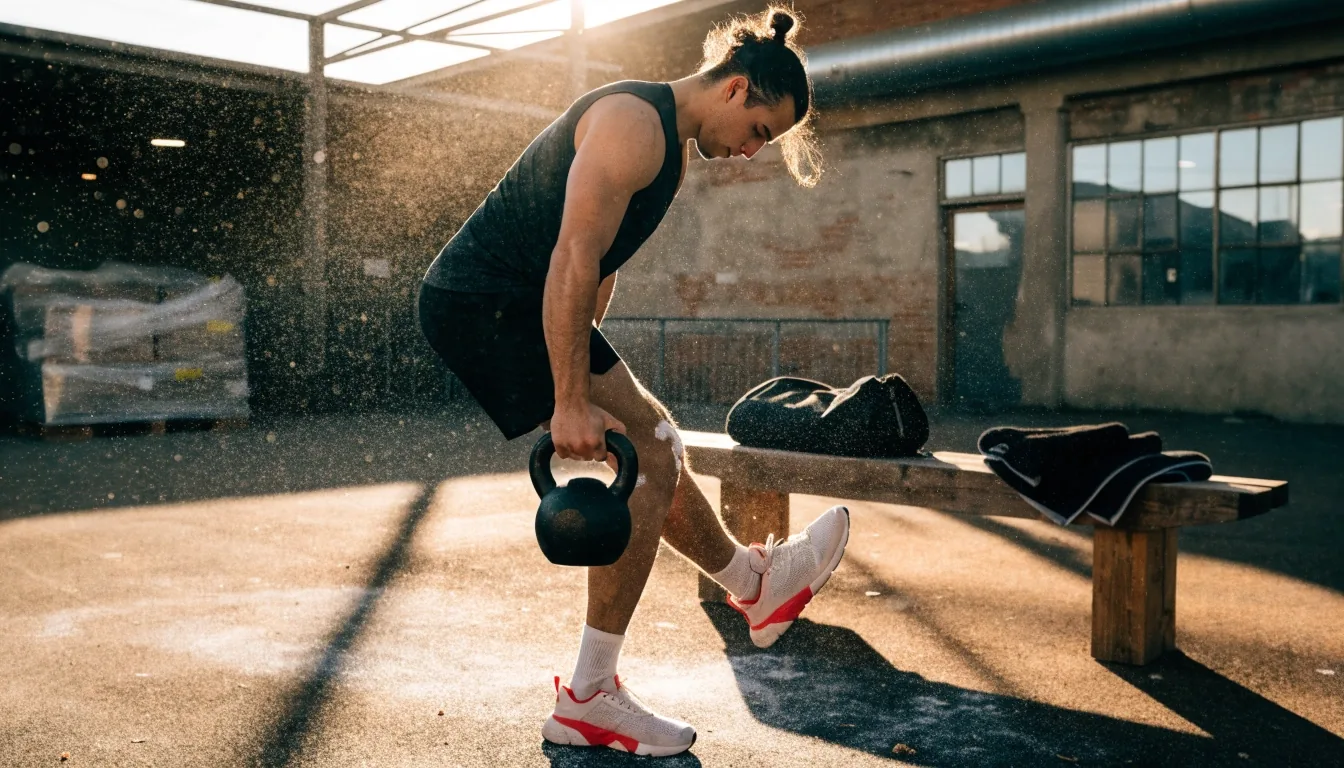 Man finishing a kettlebell set in an open-air gym courtyard in warm afternoon light