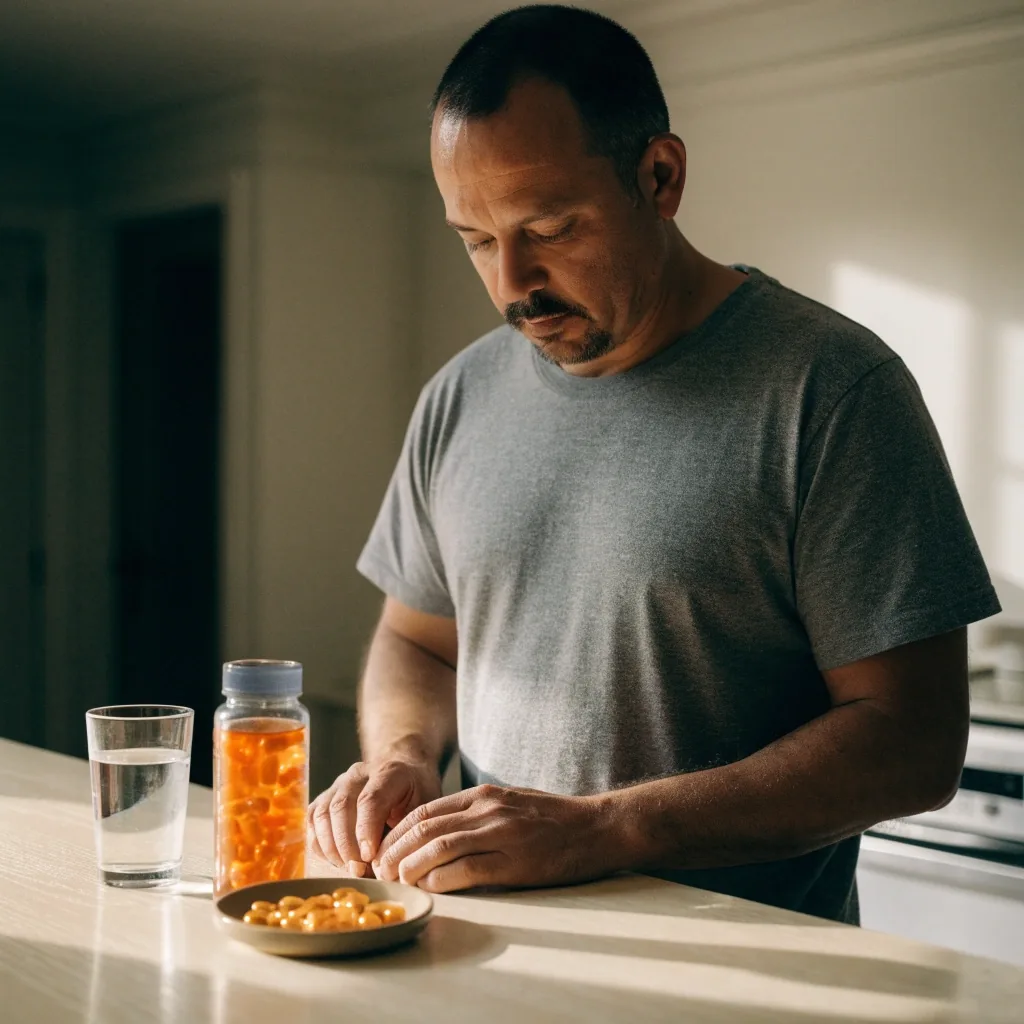 Men's multivitamin bottle with loose caplets and a glass of water on a pale kitchen counter