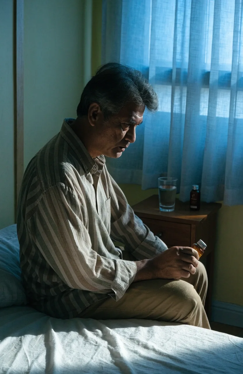 A dim early-morning bedroom with a glass of water and a closed supplement bottle on the nightstand