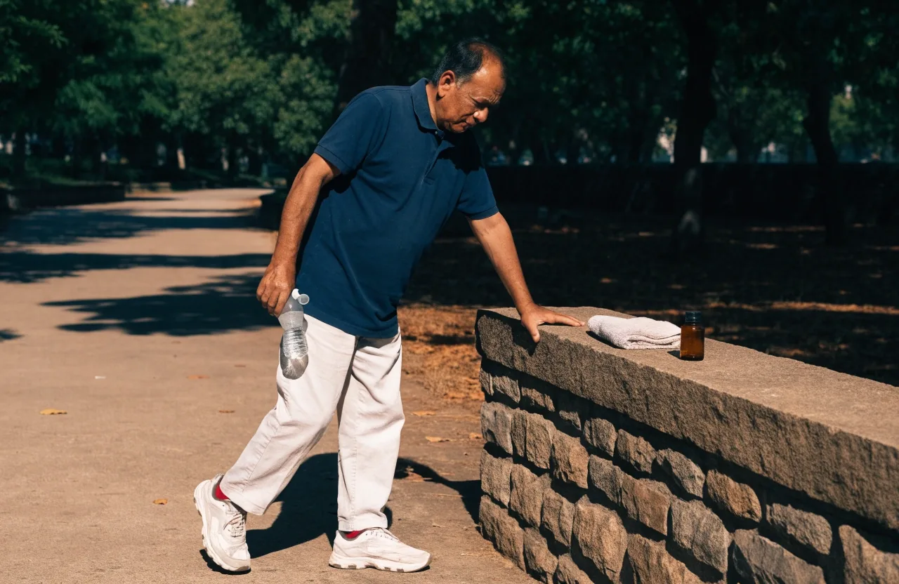 A man mid-stride walking up a shaded park staircase in late-afternoon light