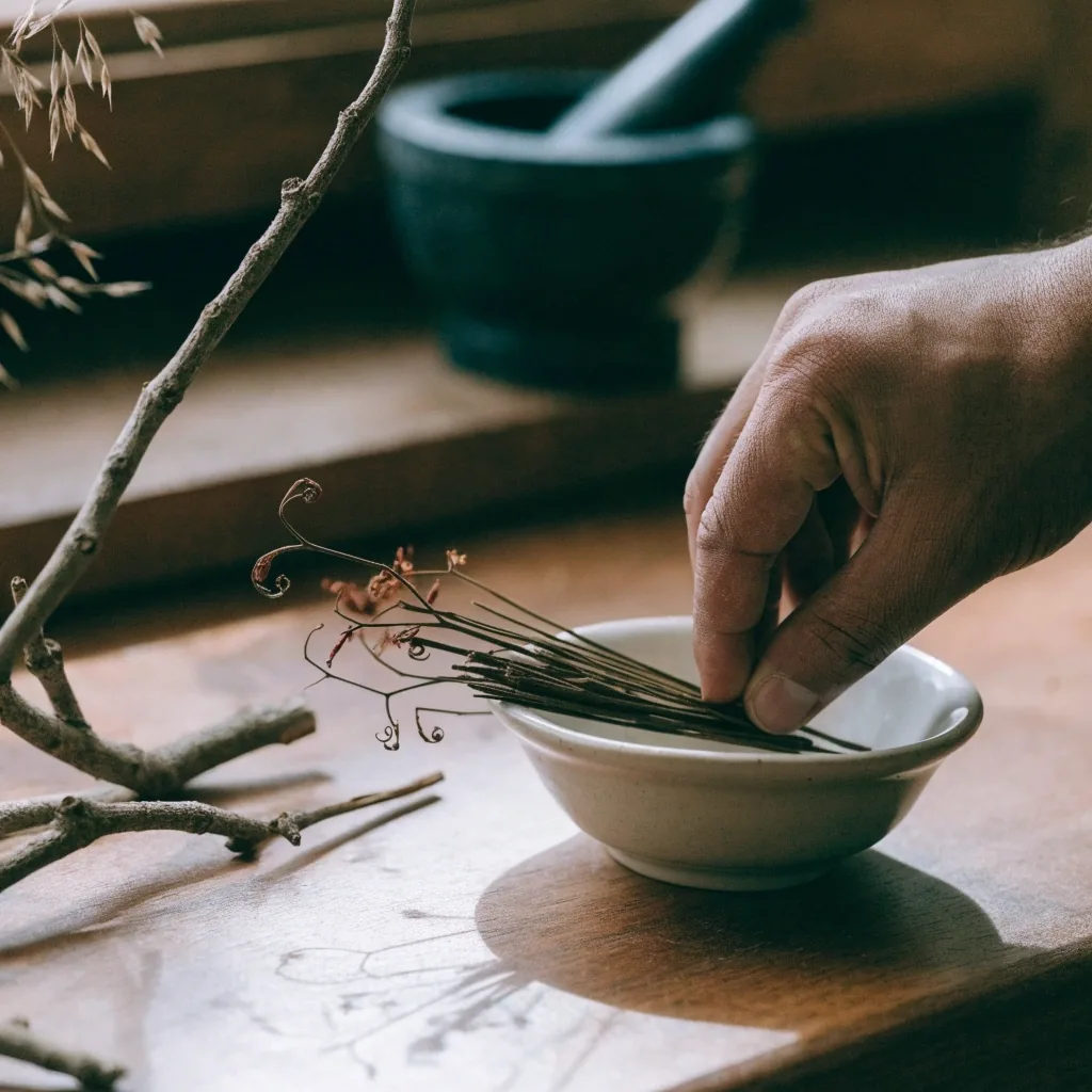 Dried epimedium leaves and stems on linen beside a wooden scoop