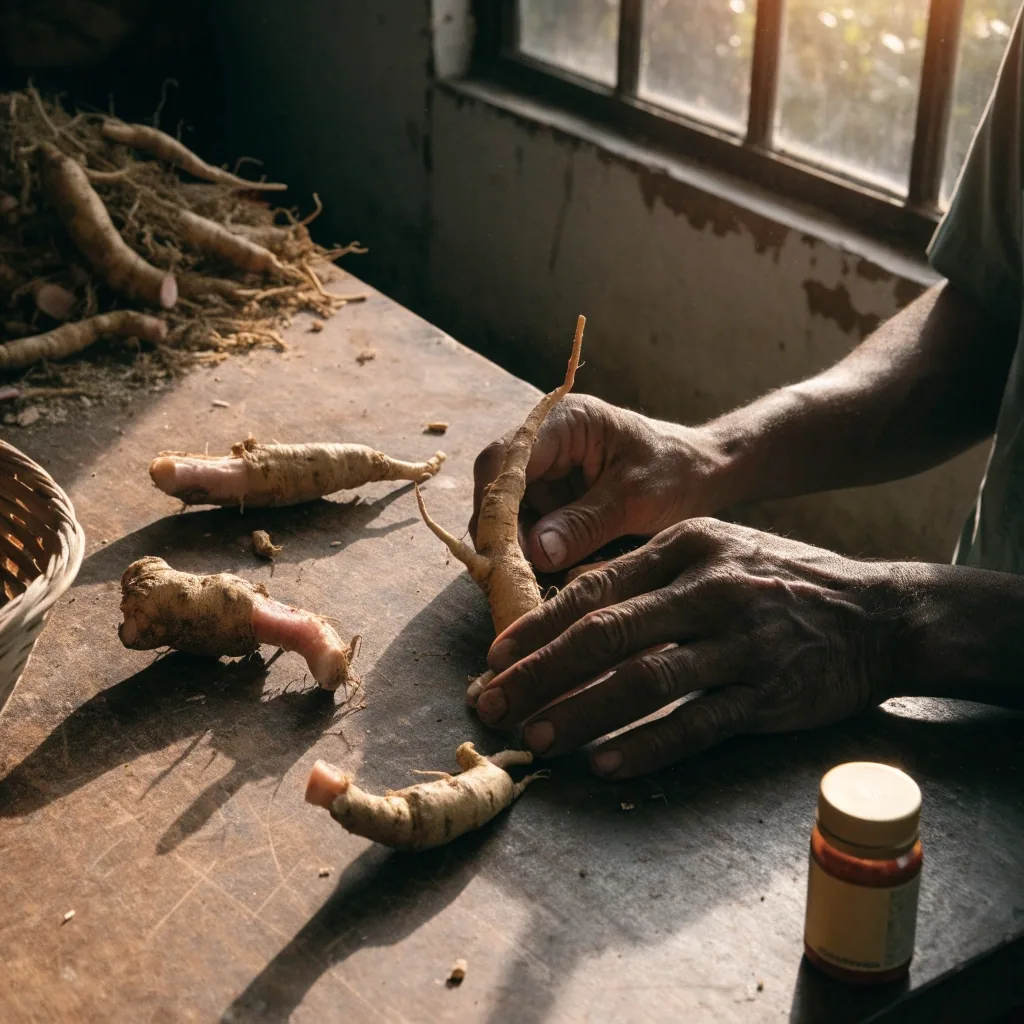 Fresh ginseng root beside a row of unbranded supplement bottles
