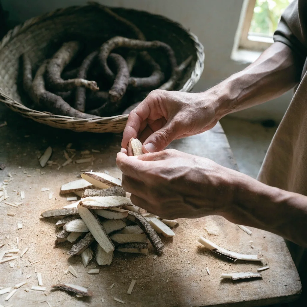 Sliced pasak bumi root pieces arranged in a shallow woven tray