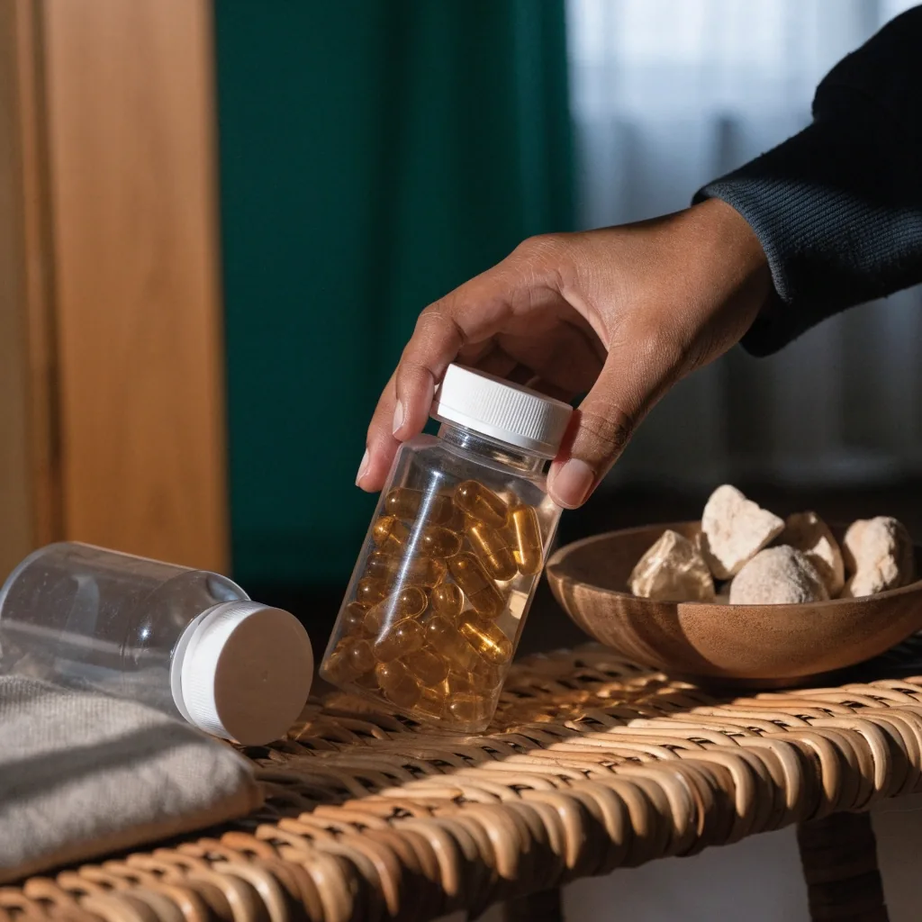 Two plain supplement bottles standing on a shelf with folded linen