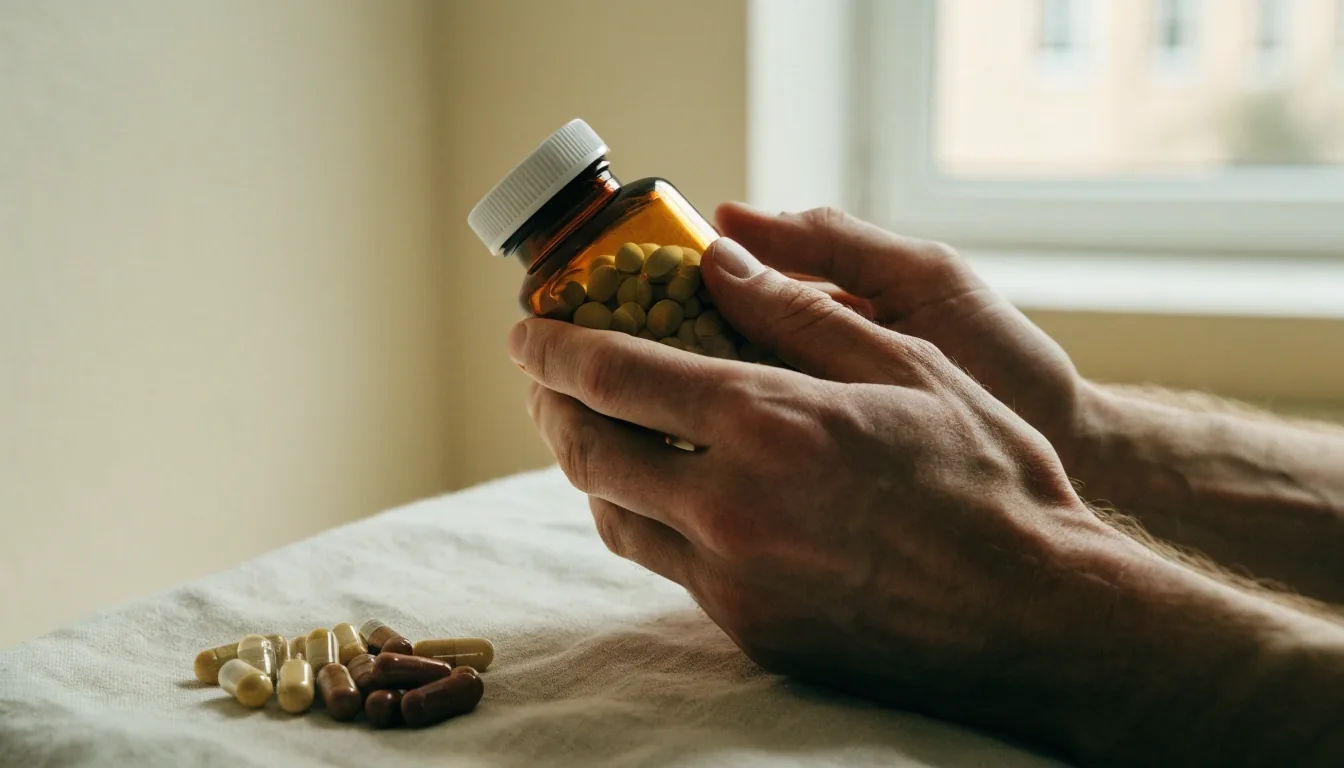 A man holding an unmarked amber supplement bottle toward window light
