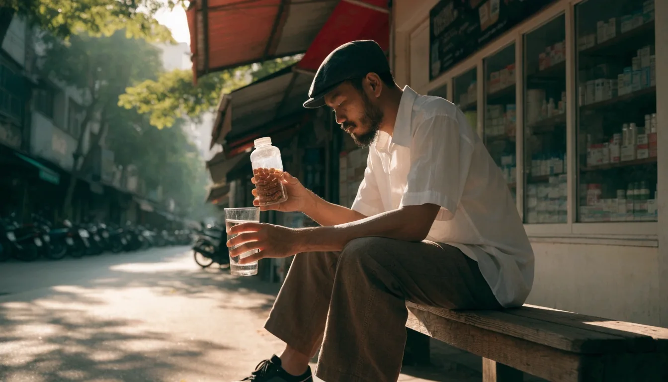 A man walking along a quiet Jakarta street in early morning light with a small bag over his shoulder