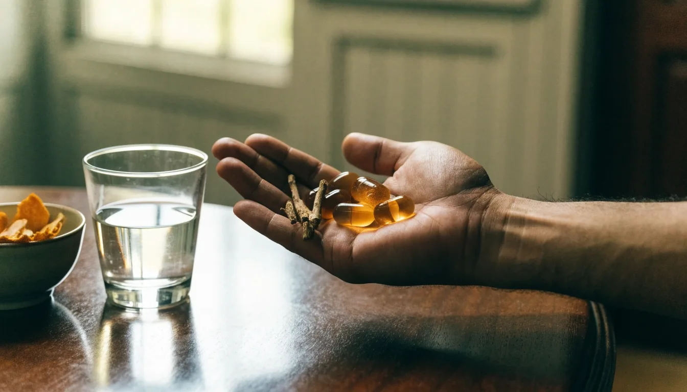A supplement bottle and glass of water on a side table beside a window in soft afternoon light