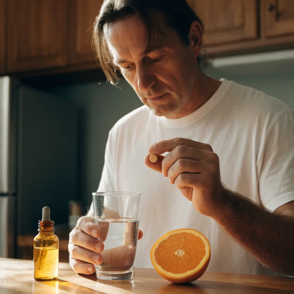 A men's daily multivitamin bottle with caplets on a kitchen counter in morning light