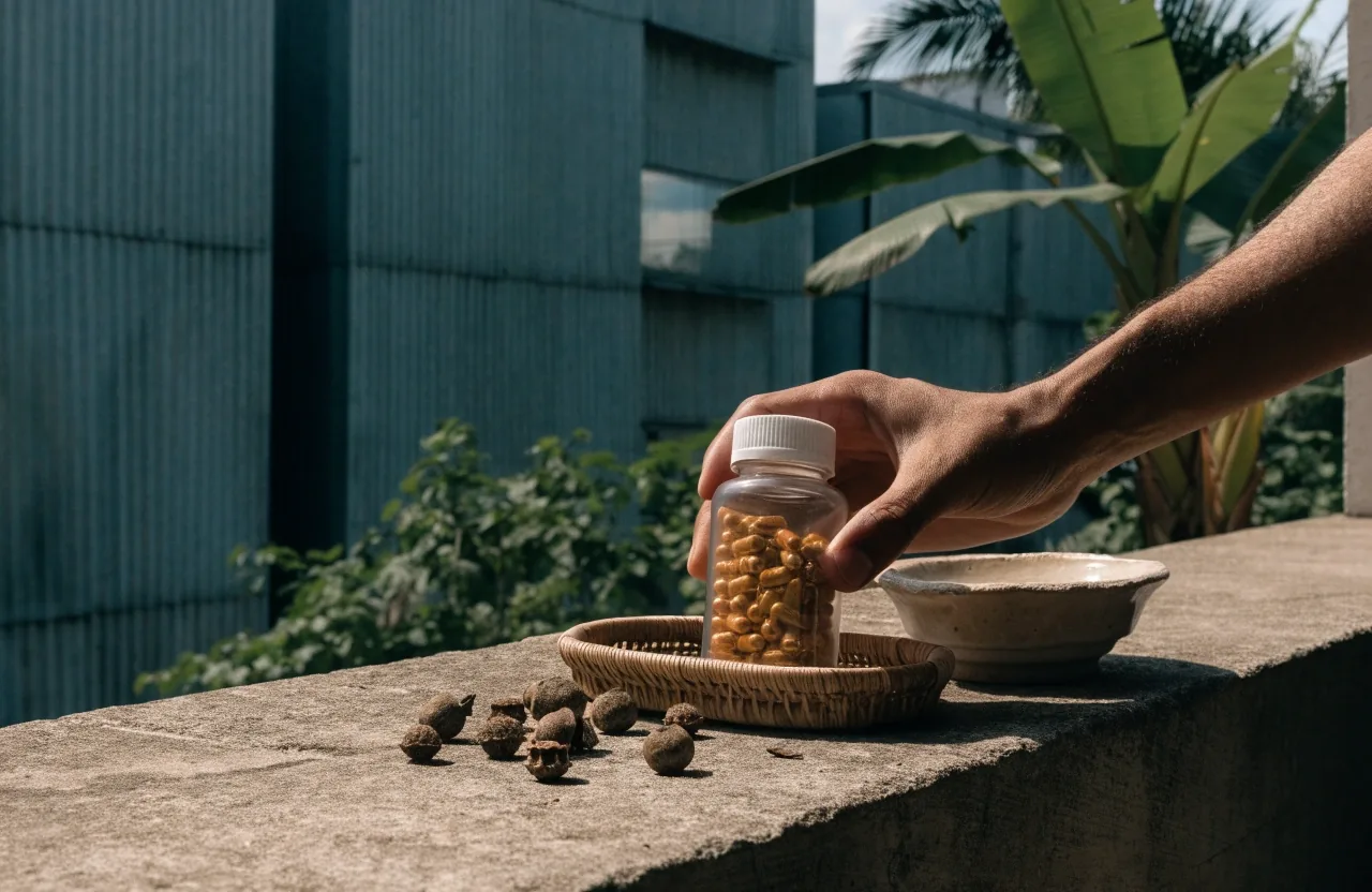 A tribulus supplement bottle on a stone plinth with dried tribulus seed pods beside it