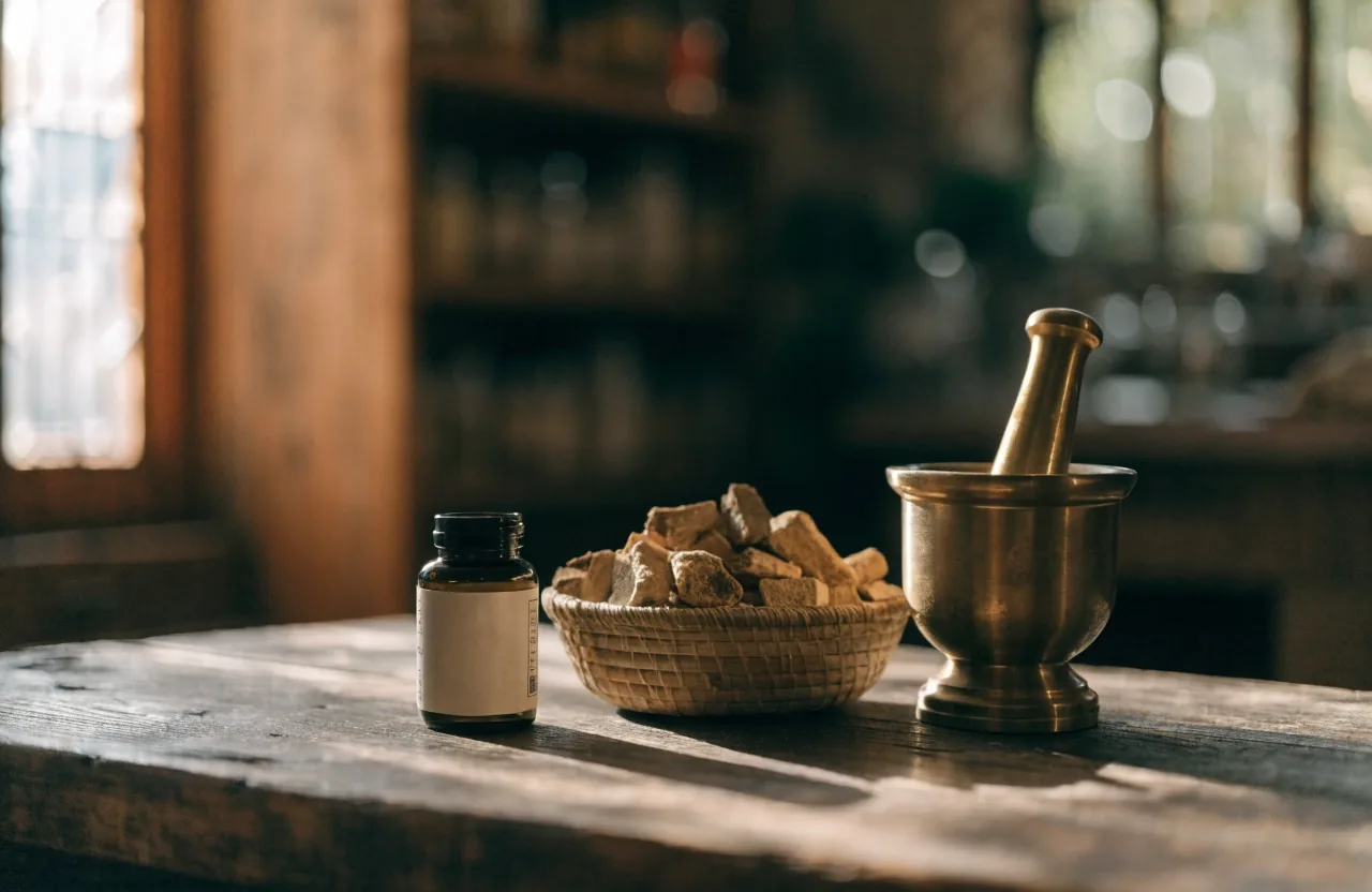 A maca root supplement bottle on a stone plinth with dried maca root pieces in front