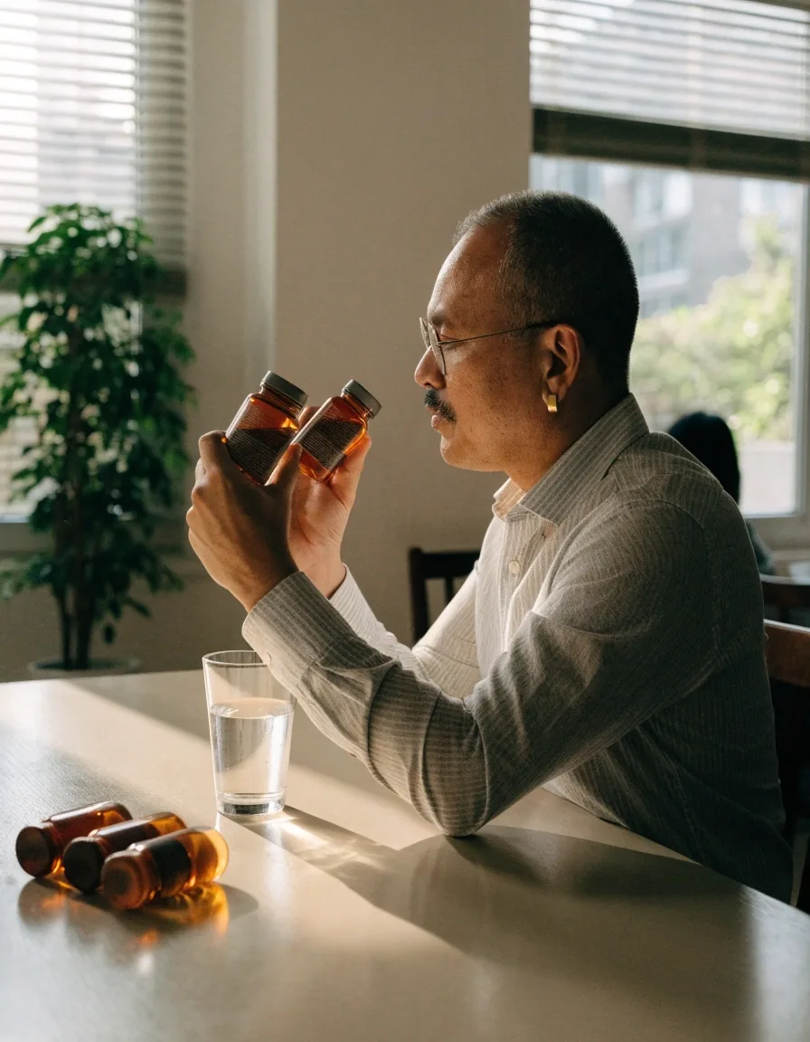 A man comparing the back labels of two supplement bottles at his dining table