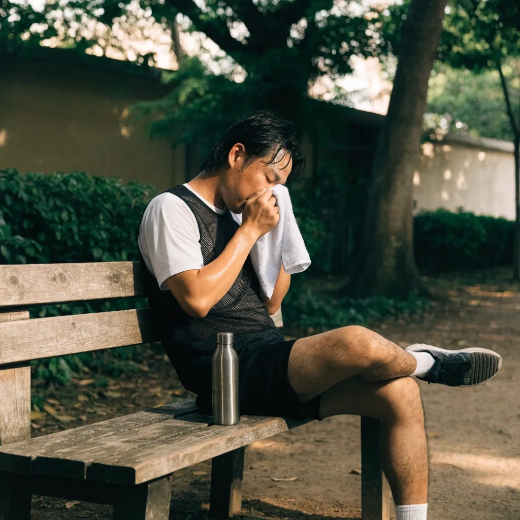 A man jogging along a leafy residential street in early morning light with a water bottle in hand