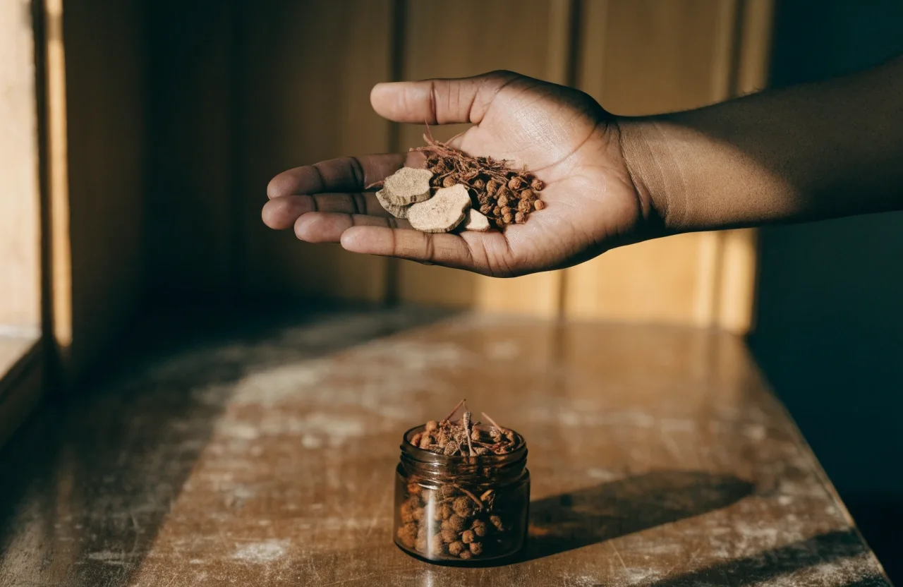 Herbal roots, amber capsules, seeds, and a kraft paper bag arranged on a warm wooden surface in natural light